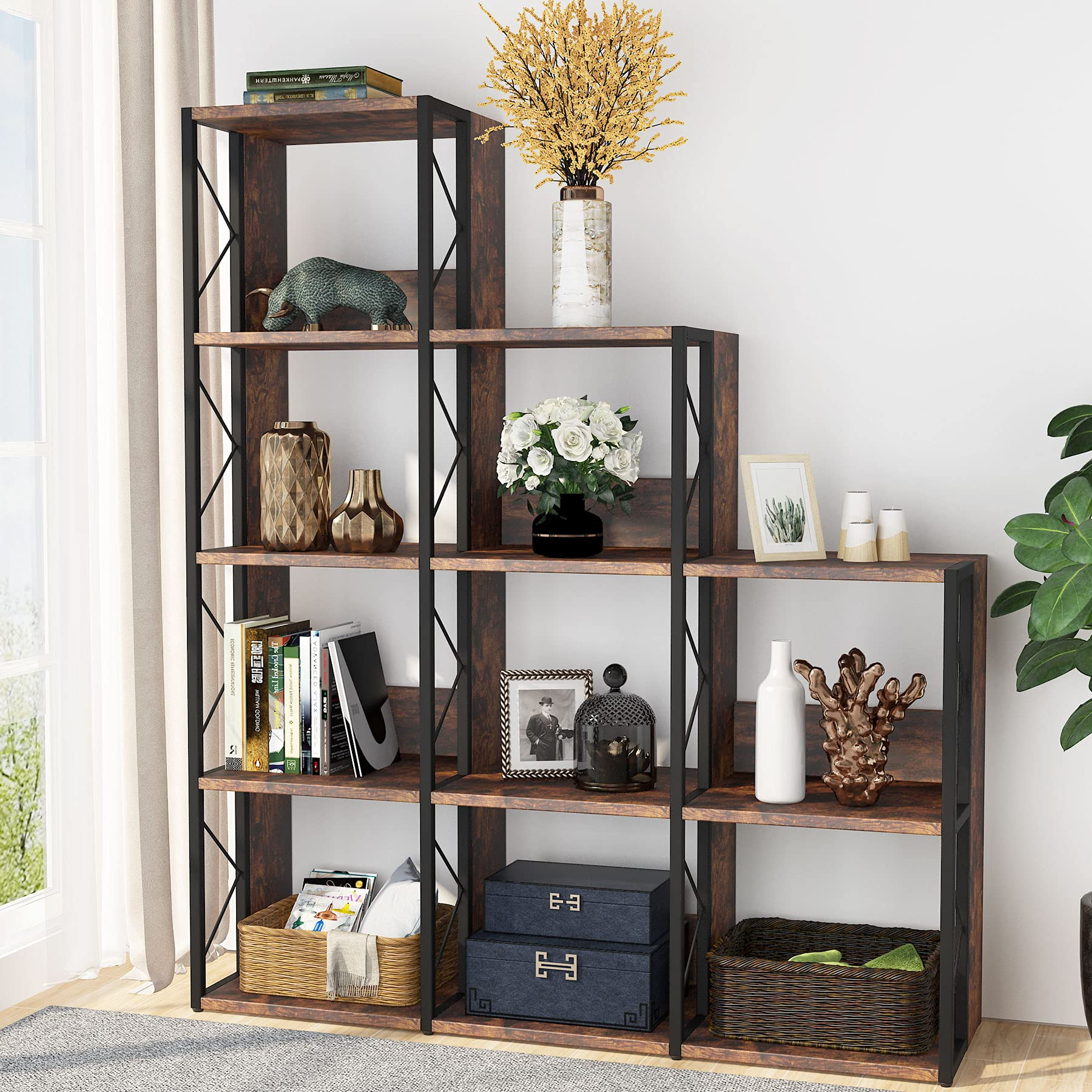 Buy Tribesigns 5 Tier Bookshelf Rustic Industrial Bookcase, 12 Shelves ... throughout 5-Tier Display Etagere Shelf For Living Room