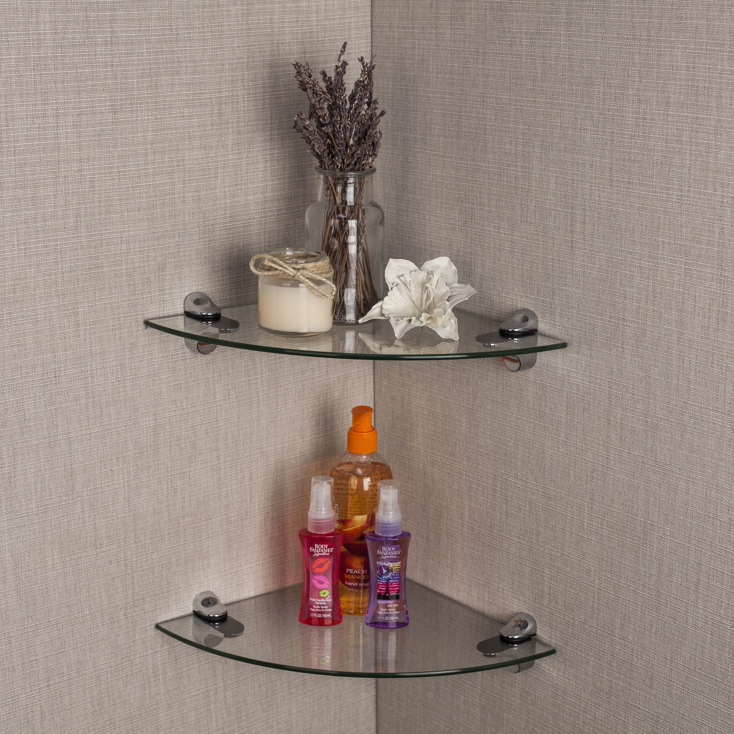 Clear Glass Radial Floating Shelves With Chrome Brackets (Set Of 2 ... regarding Transform Your Space With the 24x6" Clear Glass Floating Shelf