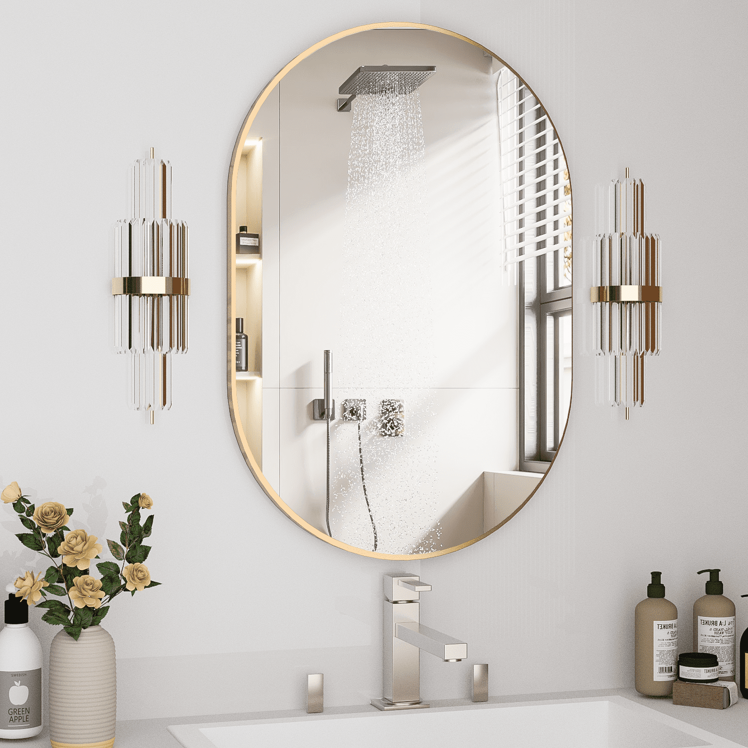 "Conguiliao Oval Bathroom Mirror Capsule Wall Vanity Mirror, 24"X36 ... for Gold Arch Shaped Thin Metal Frame Wall Vanity Mirror - 24 X 36
