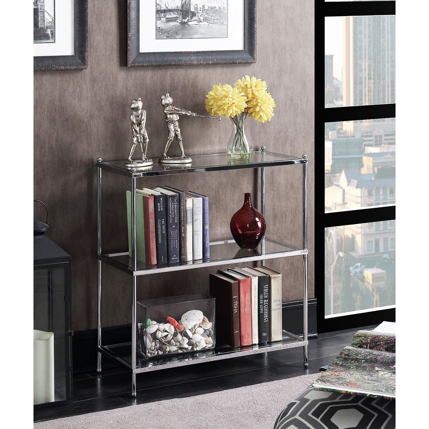 Convenience Concepts Royal Crest Three-Tier Bookcase In Clear Glass And ... for Choosing the Right Corner Storage The Royal Crest Shelf Reviewed