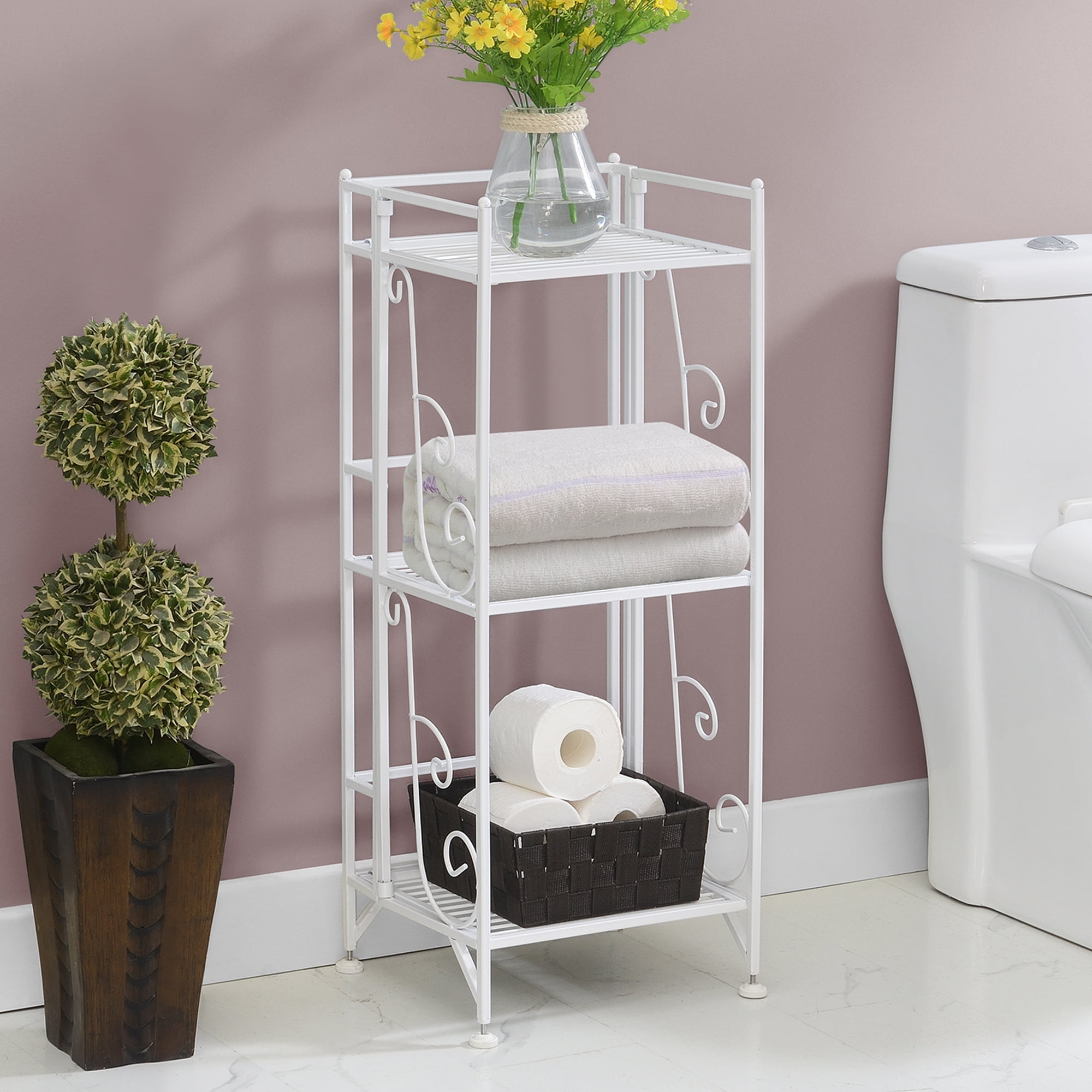 Convenience Concepts Xtra Storage 3 Tier Folding Metal Shelf With Scroll Design, White - Walmart.com pertaining to Convenience Concepts Xtra Storage Two-Tier Folding Shelf In White Metal Finish