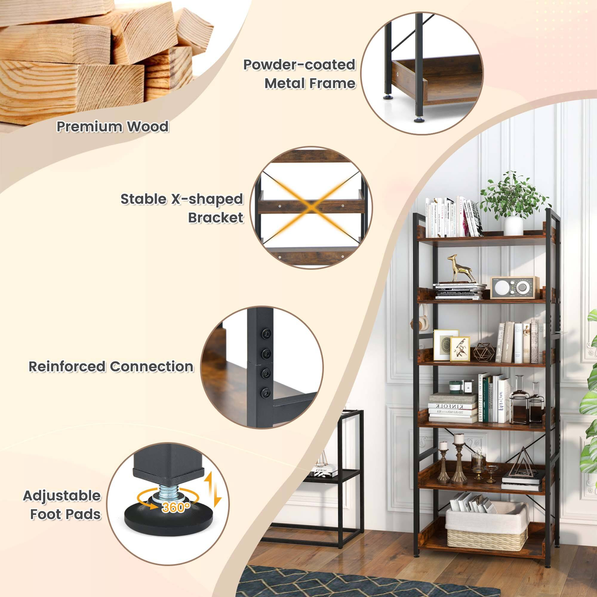 Costway 6-Tier Bookshelf Open Display Shelves Storage Rack Metal Frame With 4 Hooks Rustic ... in Ozias Shelf With Hooks, Rustic Brown/Black 24X9X7