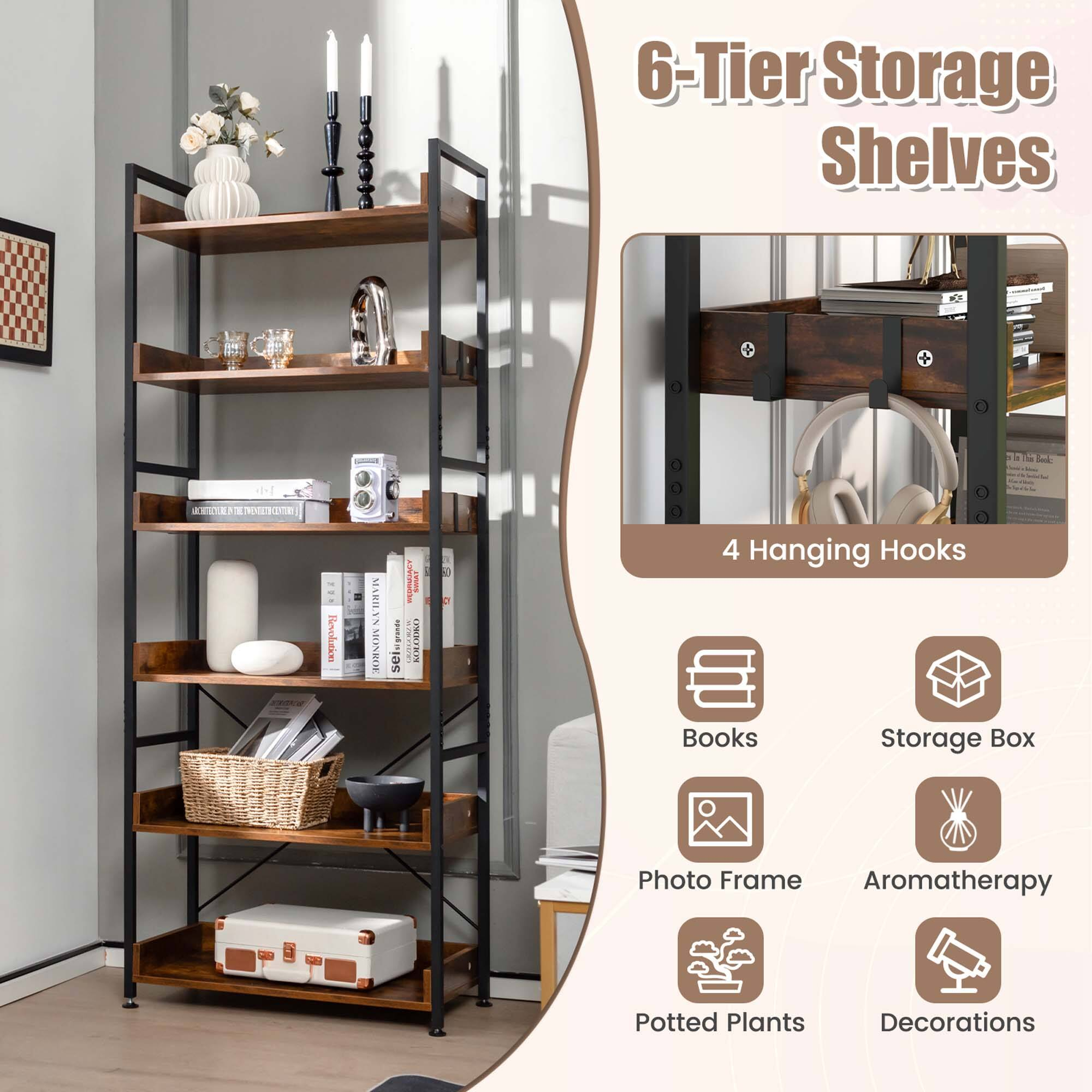 Costway 6-Tier Bookshelf Open Display Shelves Storage Rack Metal Frame With 4 Hooks Rustic ... with Discover the Versatility of the Ozias Shelf Rustic Brown/Black