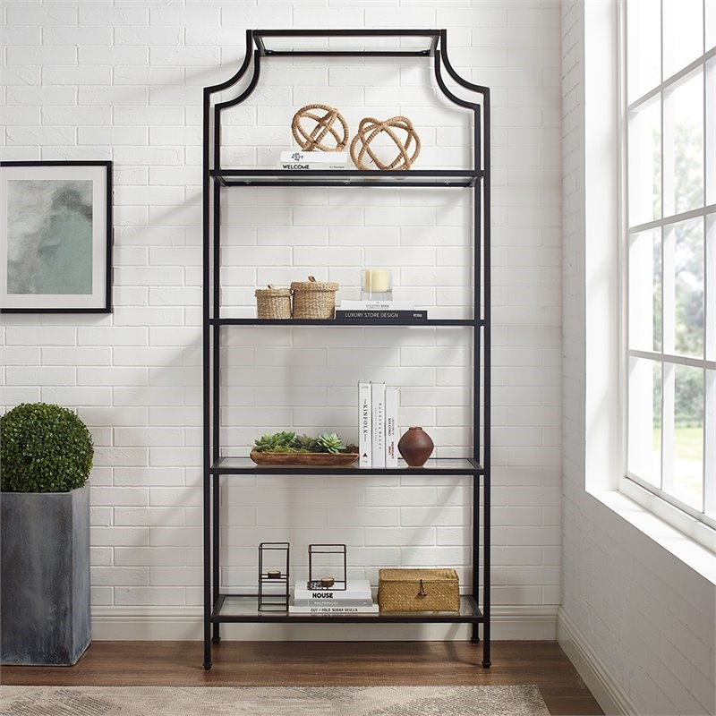 Crosley Aimee 4 Shelf Glass Etagere Bookcase In Oil Rubbed Bronze | Homesquare throughout Styling Your Space with the Elegant Aimee 3Pc Etagere Set
