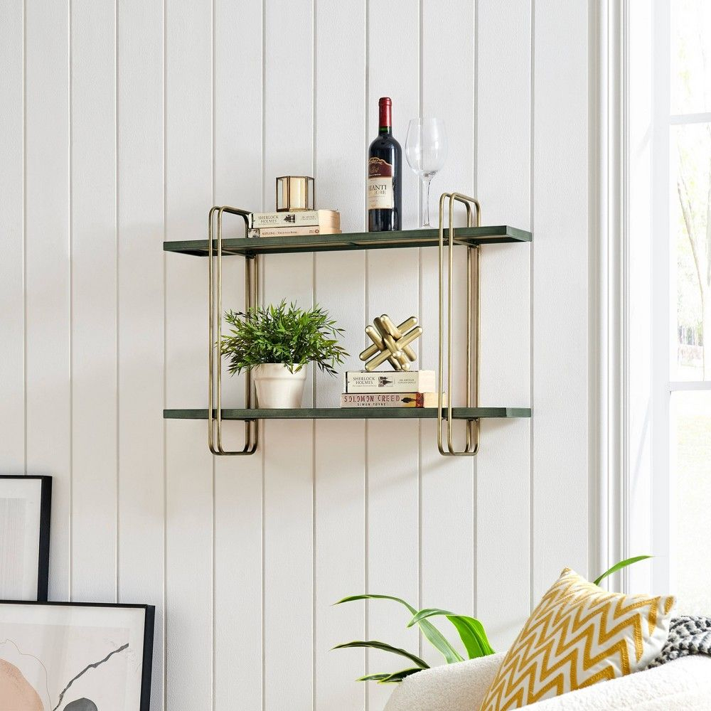 Danya B. 32.3" X 22" 2 Tier Metal And Wood Hanging Bracket Wall Mounted Shelf Gold: Floating ... within Danya B. Two-Tier Warm Gold Metal Hanging Bracket Wall Mounted Shelf