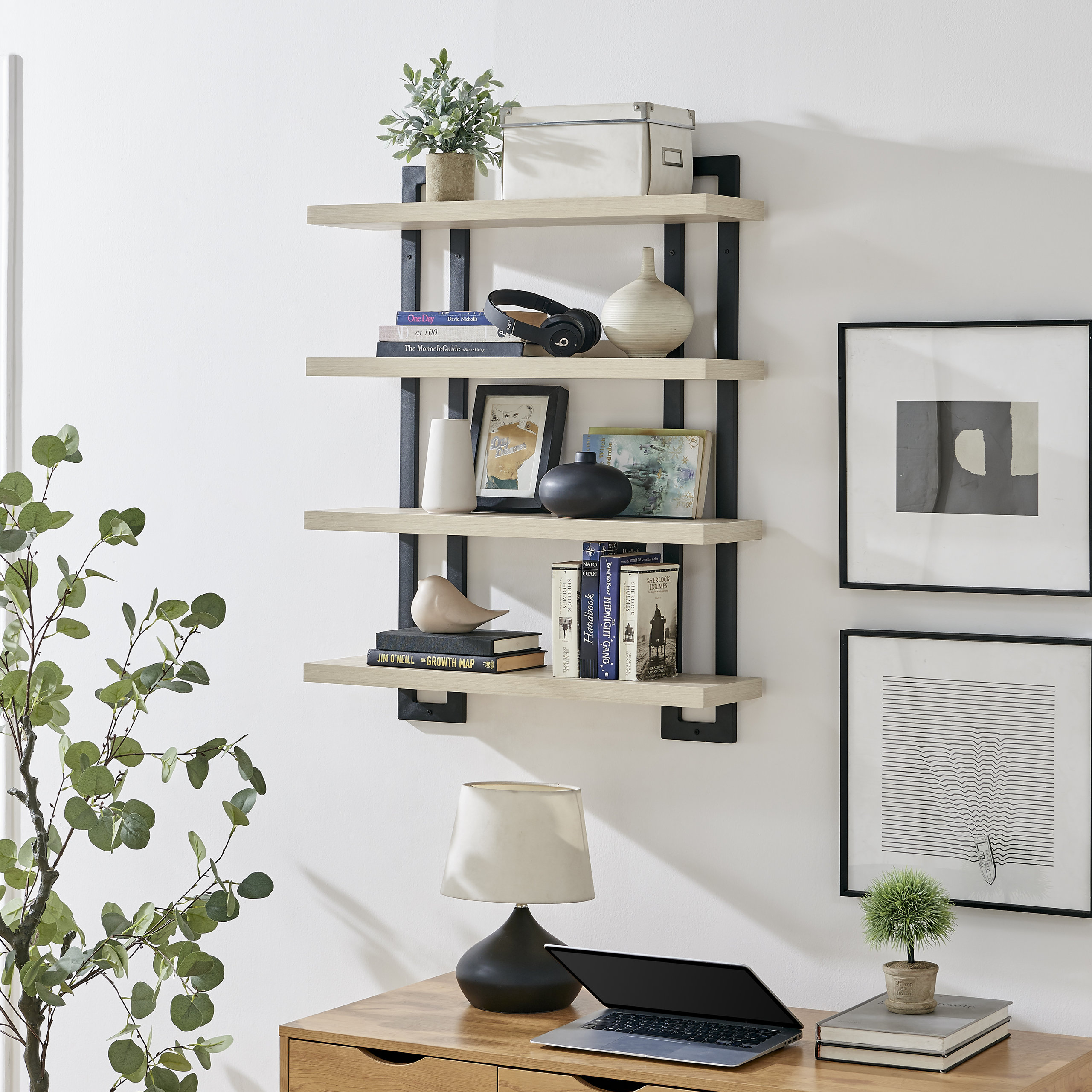 Danya B. 4-Tier Floating Bracket Wall Shelf Metal And Mdf Finish - Industrial - Display And Wall ... throughout Danya B. 4-Tier Floating Bracket Wall Shelf Metal And Mdf Finish, White Birch