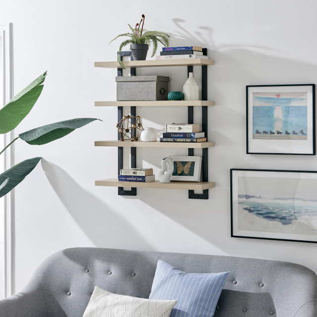 Danya B. 4-Tier Floating Bracket Wall Shelf Metal And Mdf Finish - Industrial - Display And Wall ... throughout Danya B. 4-Tier Floating Bracket Wall Shelf Metal And Mdf Finish, White Birch