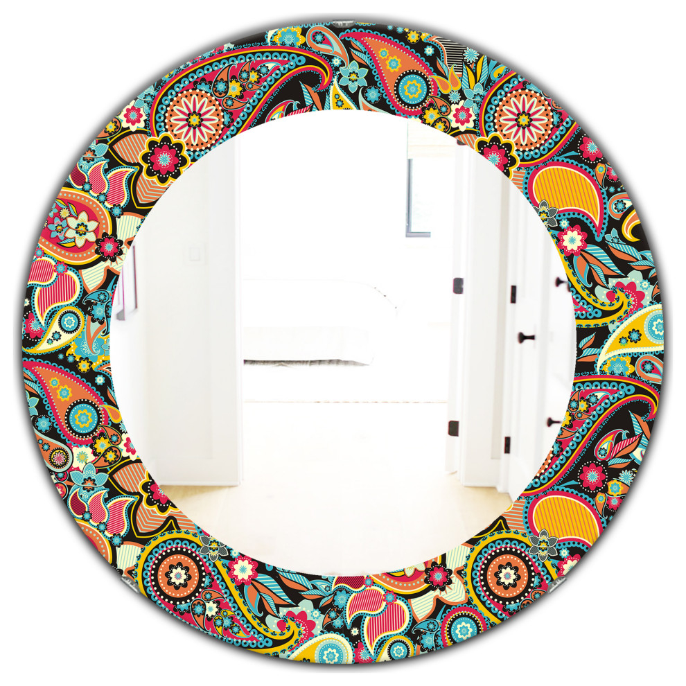 Designart Paisley 8 Modern Frameless Oval Or Round Wall Mirror, 32X32 ... with regard to Designart Paisley 8 Modern Frameless Vanity Mirror, 24X32