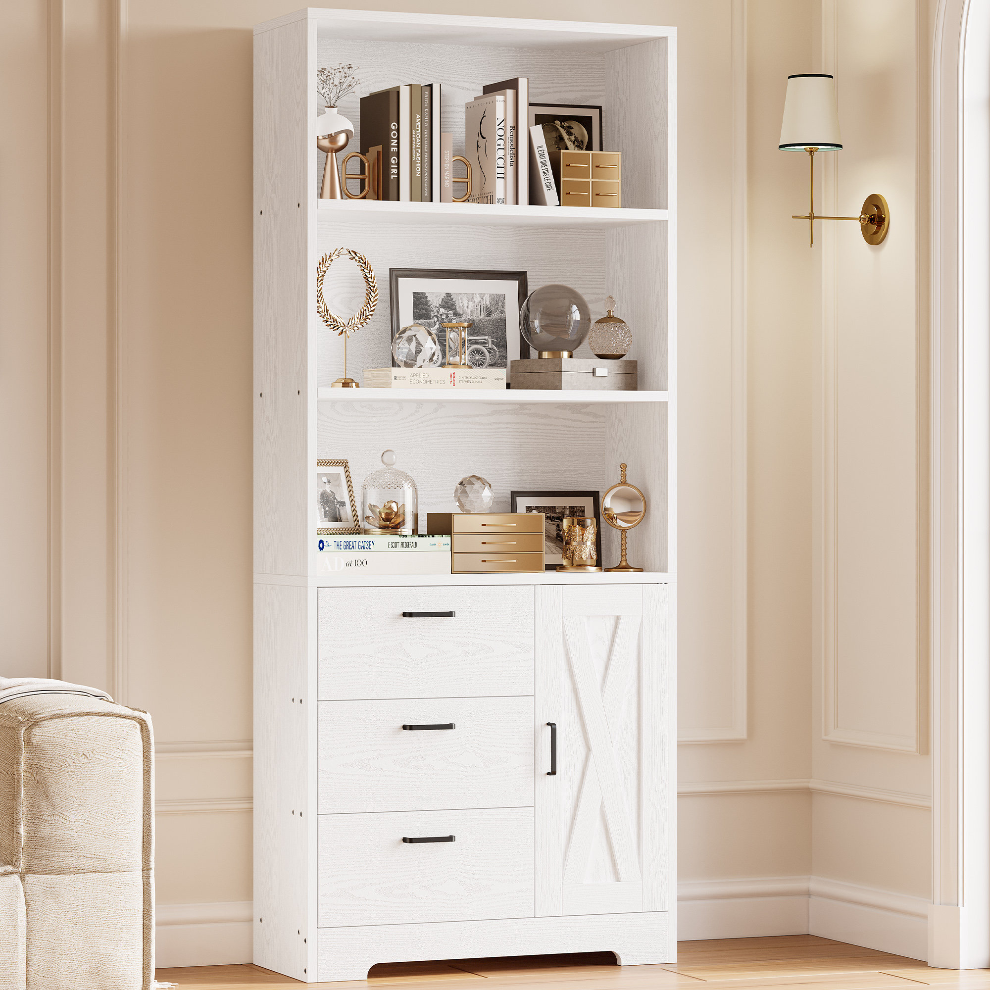 Ebern Designs Modern Style 71" H Wooden White Bookshelf And Bookcase ... intended for Wooden 3-Tier With 2-Drawer Shelf