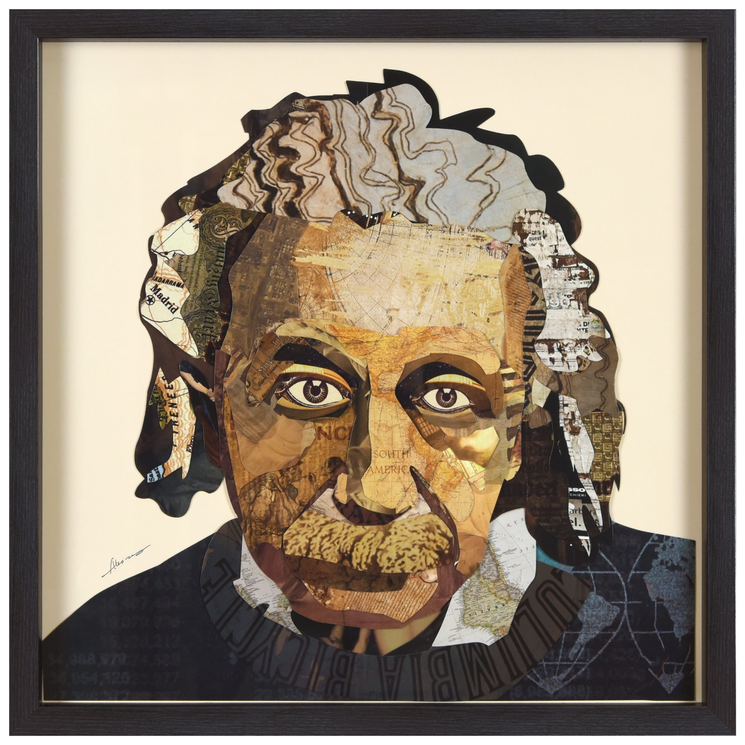 "Einstein" Alex Zeng’s Dimensional Collage, Under Glass & A Black ... for From Found Objects to Fine Art 'Cia Boombox' Collages in Shadow Boxes Explained