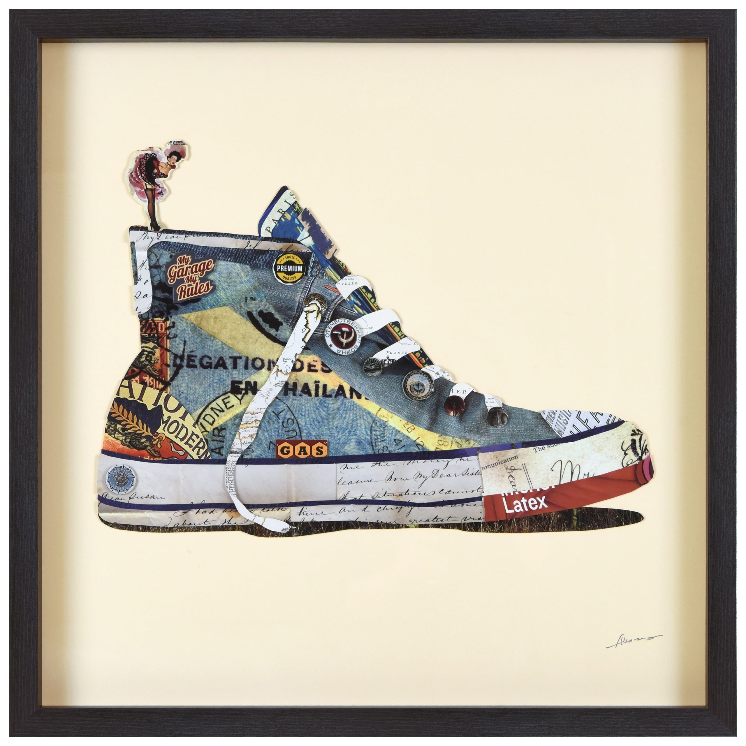 Empire Art Direct "High Top Sneaker" Alex Zeng's Dimensional Collage ... in From Found Objects to Fine Art 'Cia Boombox' Collages in Shadow Boxes Explained