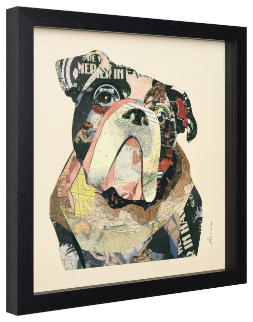 English Bulldog Dimensional Handmade Collage Wall Art Framed Under ... inside Storytelling Through Art Handmade Bulldogs on Your Wall