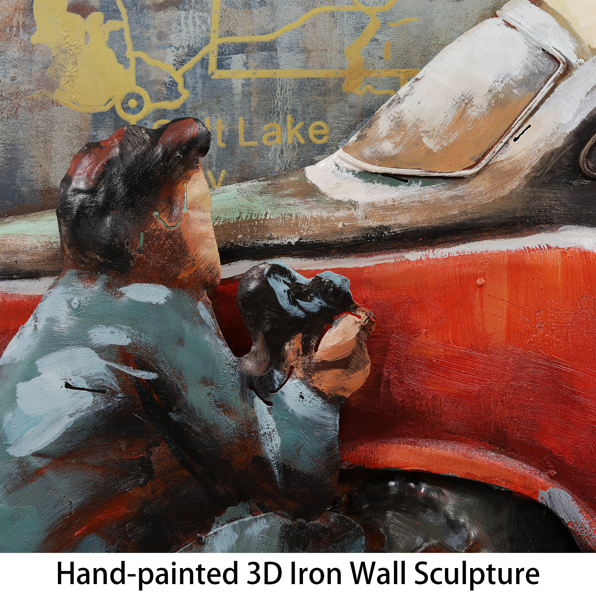 "Family Portrait" Mixed Media Iron Hand Painted Dimensional Wall Art ... for Crafting Emotion Bringing the Iconic Red Car to Life Through Mixed Media