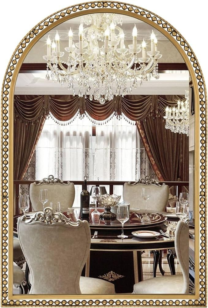Fobule 24" X 36" Arch Wall Mirror, Antique Gold Metal Beaded Frame ... with Gold Arch Shaped Thin Metal Frame Wall Vanity Mirror - 24 X 36