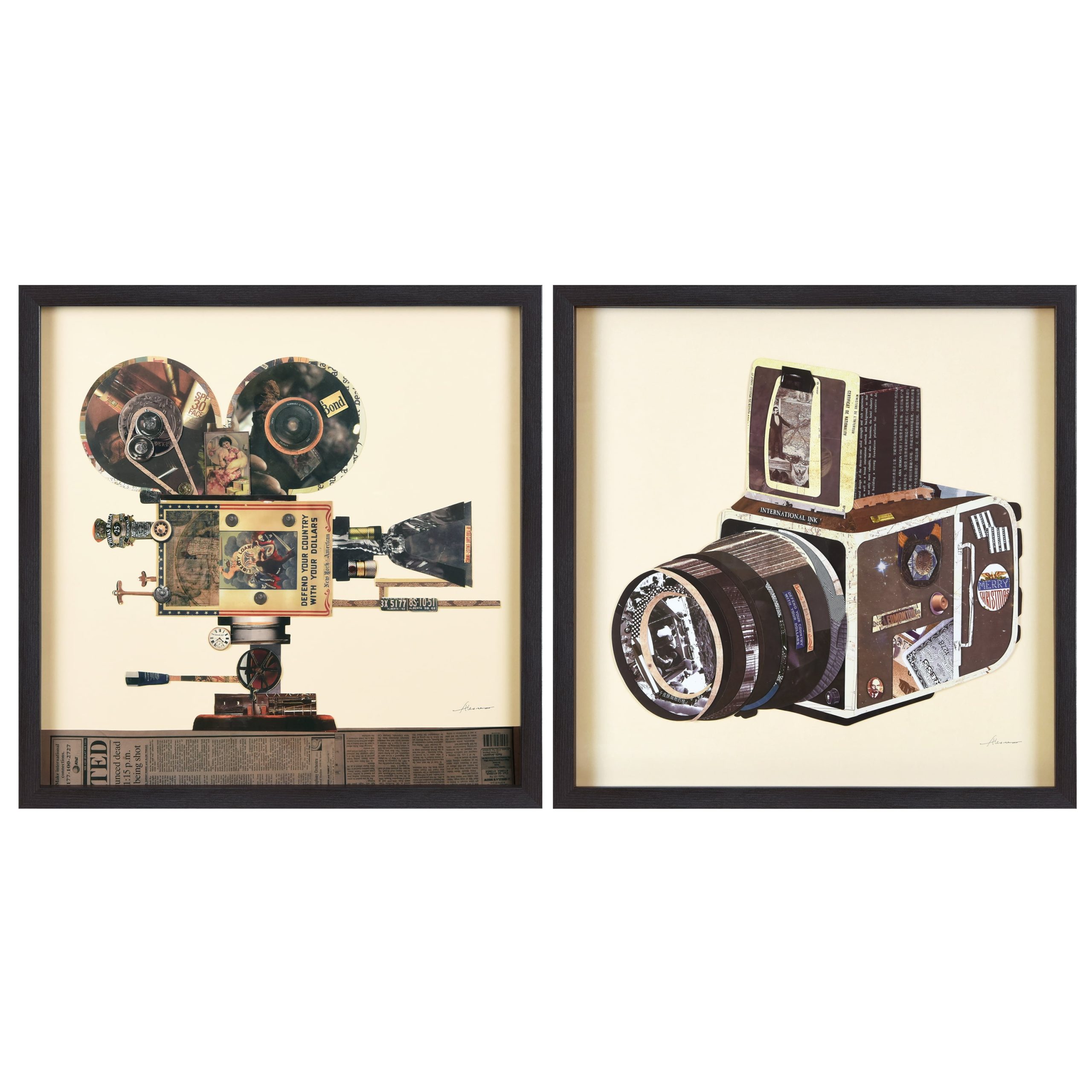 Free Shipping! Empire Art Direct Antique Film Projector & Slr Camera ... within "California Beach" Handmade Dimensional Collage Framed Wall Art Under Glass Art