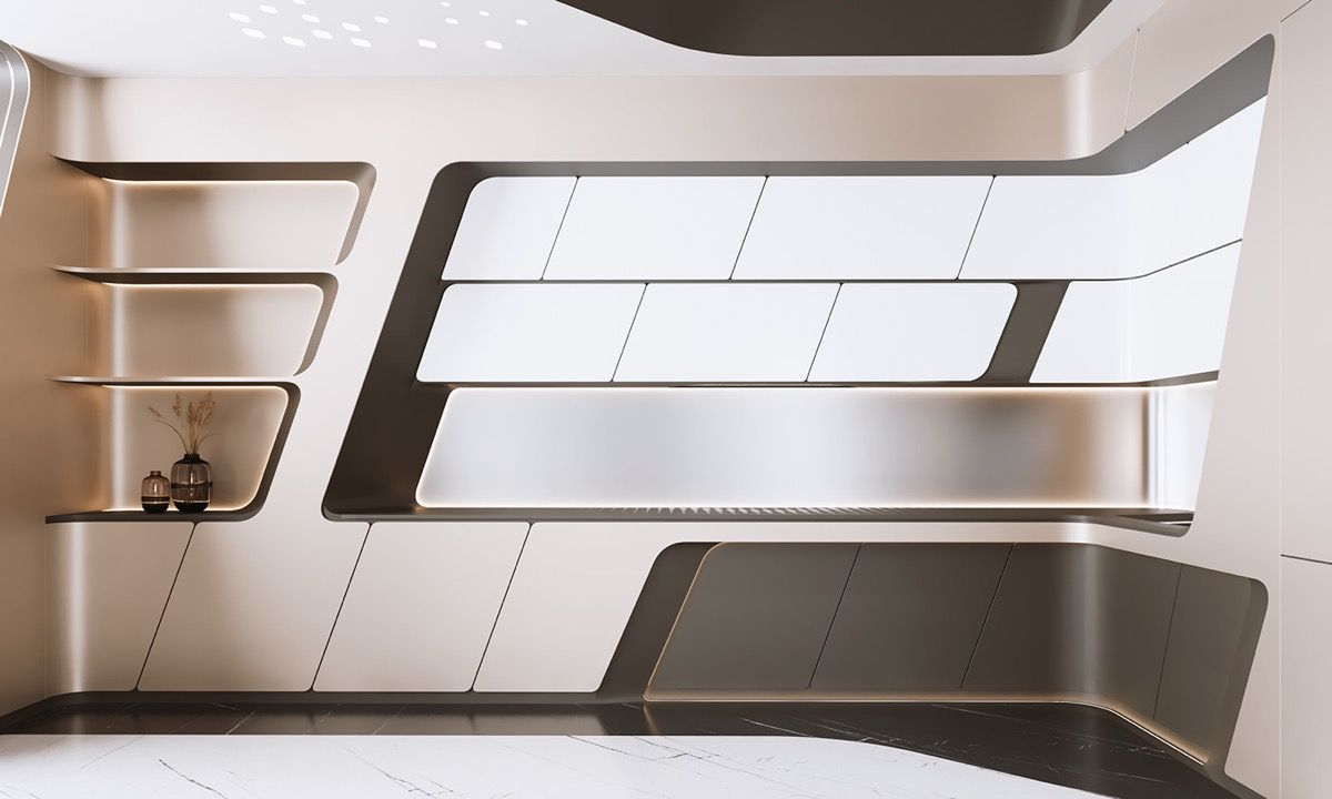 Futuristic Home Interiors Shaped By Technological Inspiration Office ... throughout Vertical Innovation: How Futuristic Shelving Maximizes Small Spaces