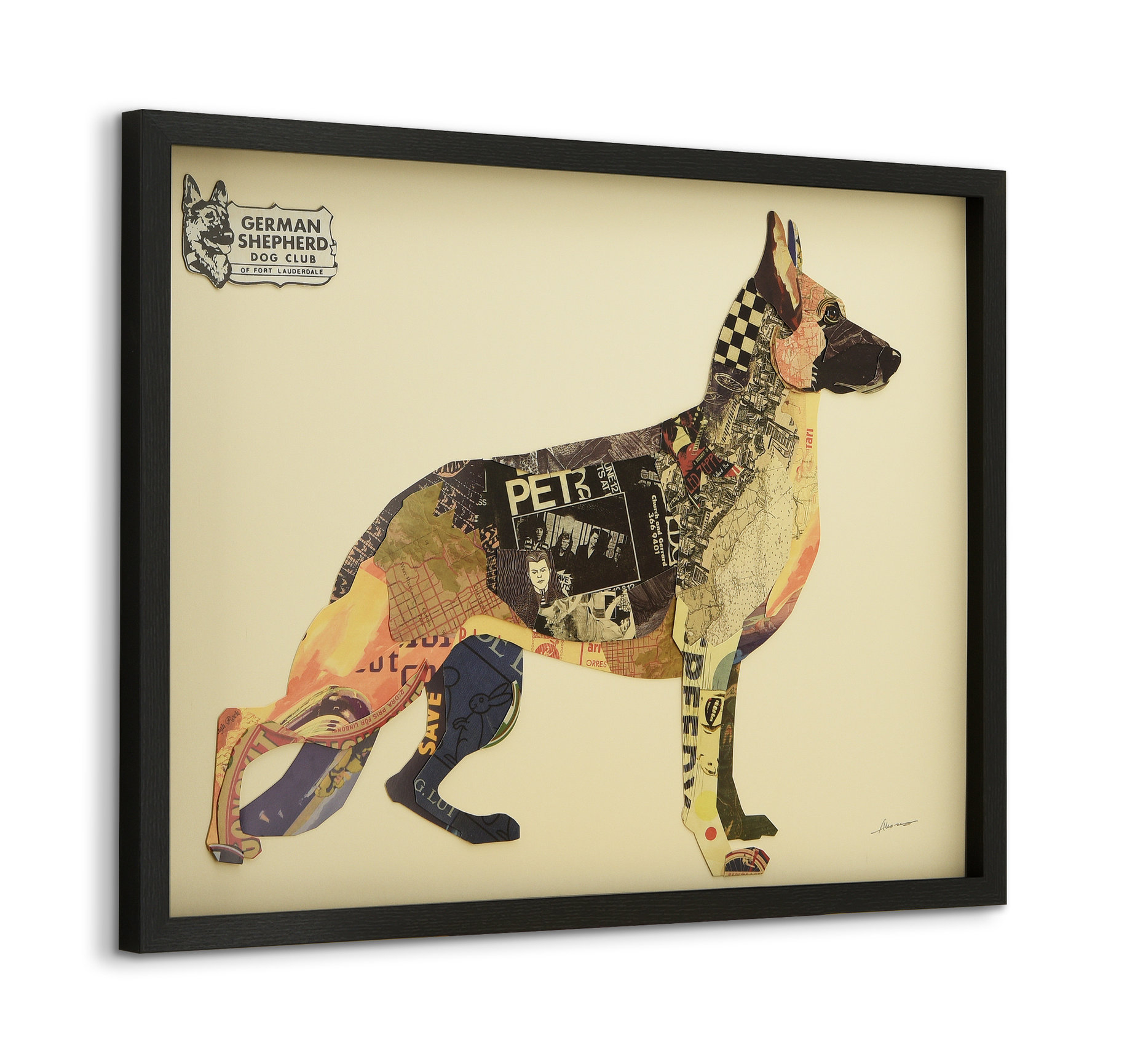 German Shepherd Dog Dimensional Handmade Collage Wall Art Framed Under ... regarding English Bulldog Pup Dimensional Handmade Collage Wall Art Framed Under Glass
