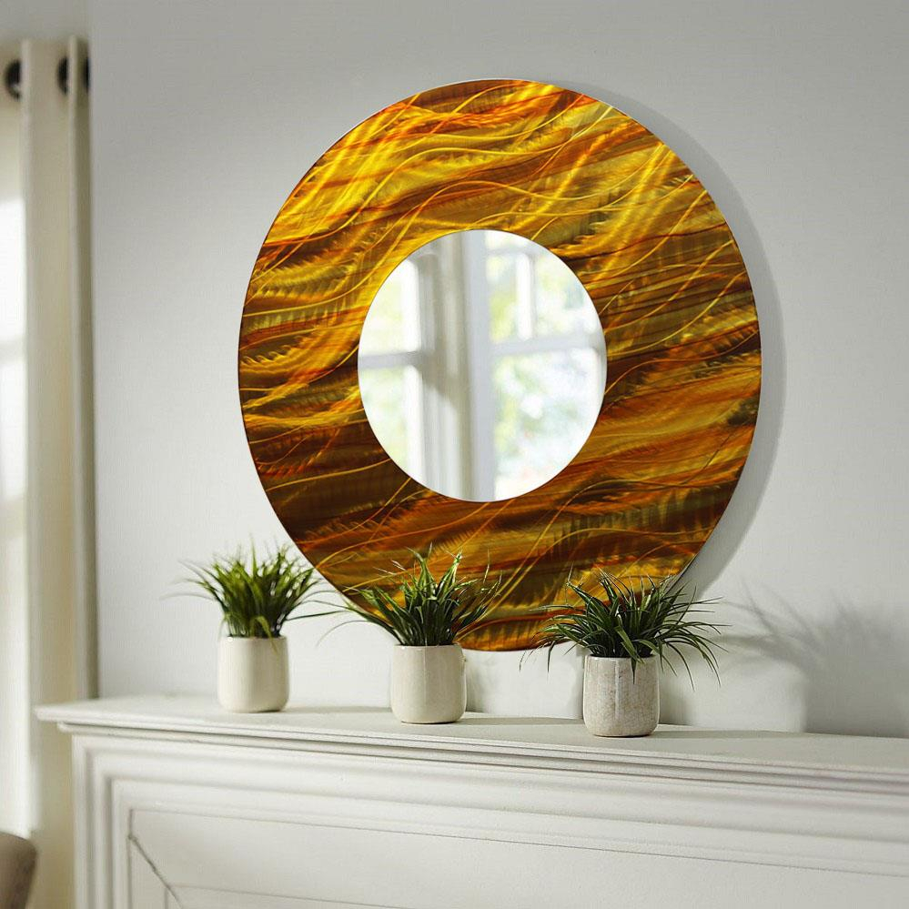 Gold/Amber Abstract Large Round Metal Wall Art Mirror Decor Accent By Jon Allen for Round Metal Mirror Metallic Gold Finish, Large