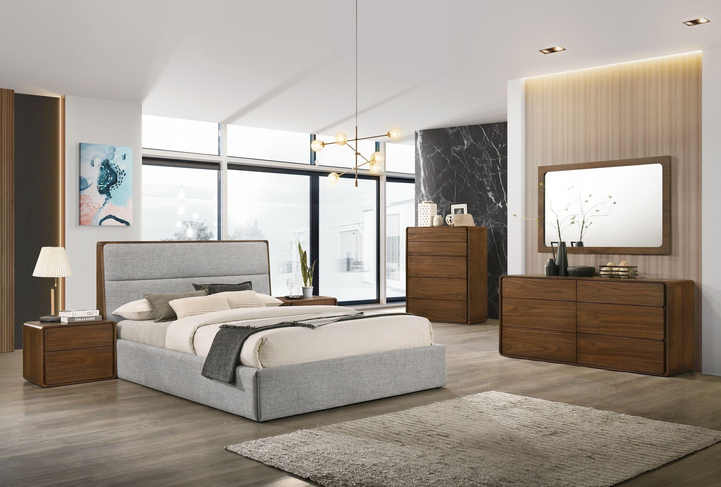 Grey Fabric & Walnut Trimmed Queen Bedroom Set 4Pcs Modrest Dustin Vig ... in Unlocking the Beauty of Your Modrest Dustin Modern Walnut Dresser