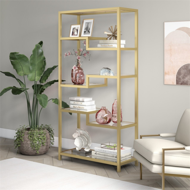 Henn&Hart 68" 5-Tier Brass Metal Book Case With Glass Top Shelves ... regarding Henn&Hart 68" 5-Tier Brass Metal Book Case With Glass Top Shelves