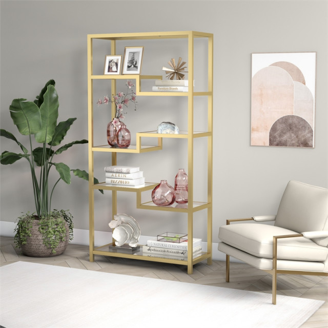 Henn&Hart 68" 5-Tier Brass Metal Book Case With Glass Top Shelves ... with Assessing the Henn&Hart 68" Bookcase Durability and Design