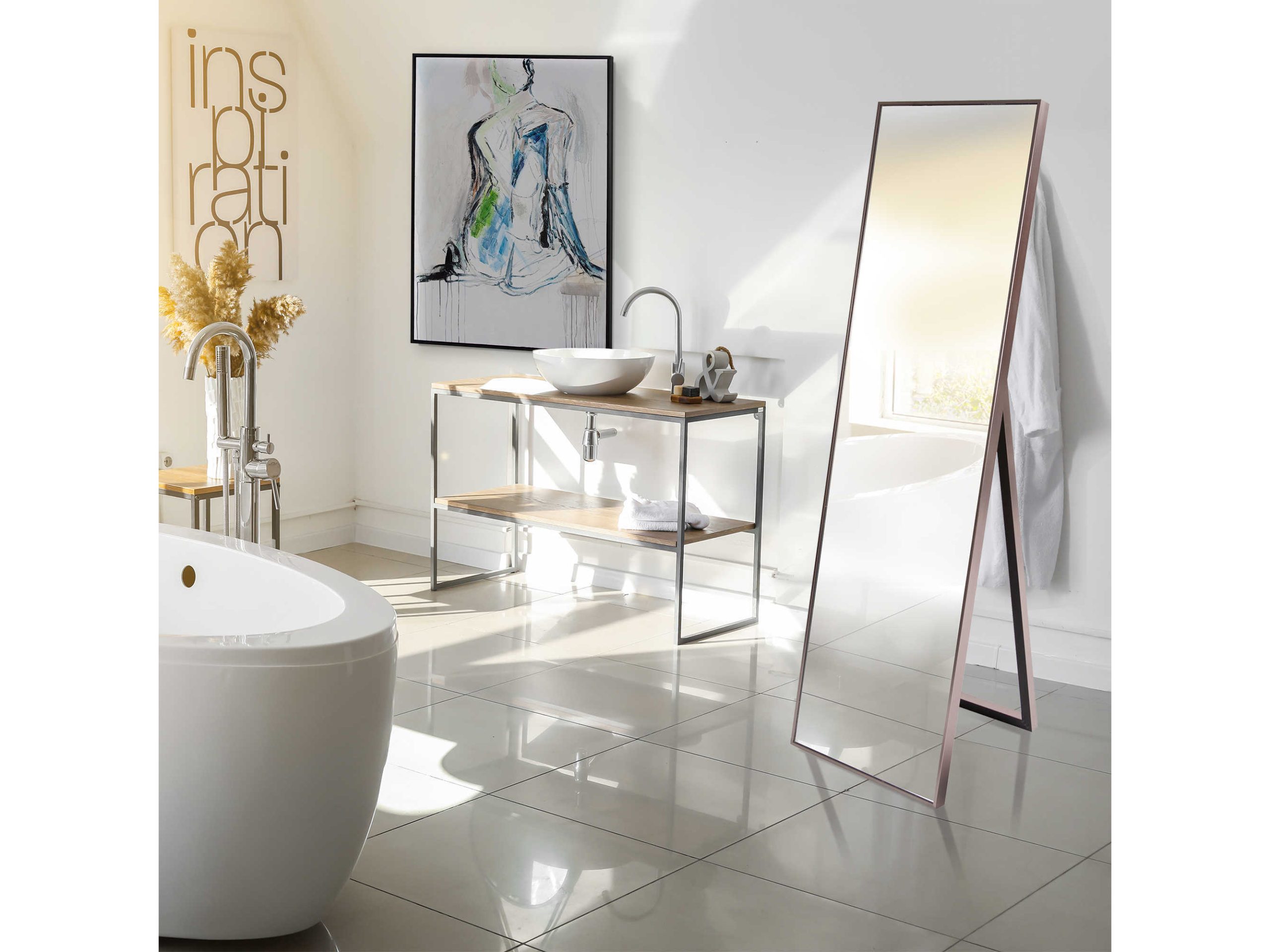 Howard Elliott Toronto Brushed Brass Rectangular Floor Mirror | He69086 throughout Howard Elliott Steele Brass Mirror