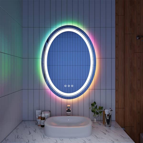 Inster Iridescent 24 In. W X 32 In. H Oval Frameless Rgb Led Lighted ... regarding Why the Gatco Elevate Oval Mirror is a Perfect Fit for Modern Bathrooms