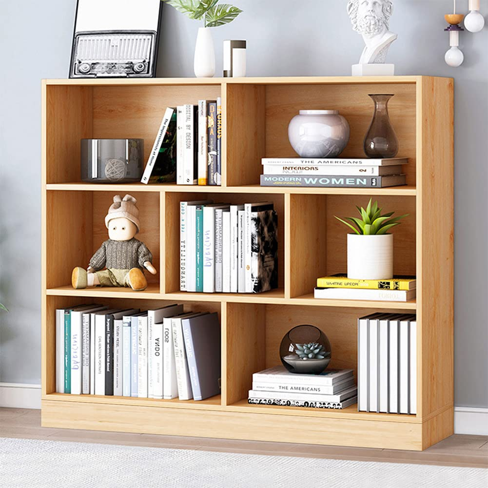 Iotxy Open Shelf Low Bookcase - Wooden 3-Tier Floor Standing Display Cabinet Organizer With Base ... with Wooden 3-Tier With 2-Drawer Shelf