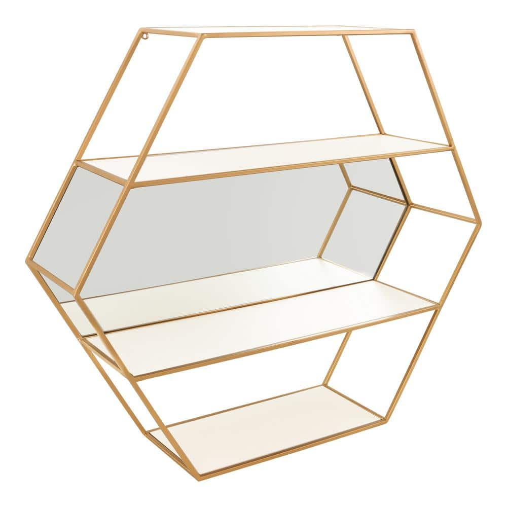 Kate And Laurel Lintz 6.37 In. X 28.00 In. White Metal Floating ... in Lintz Octagon Floating Wall Shelf, White/Gold 24X24