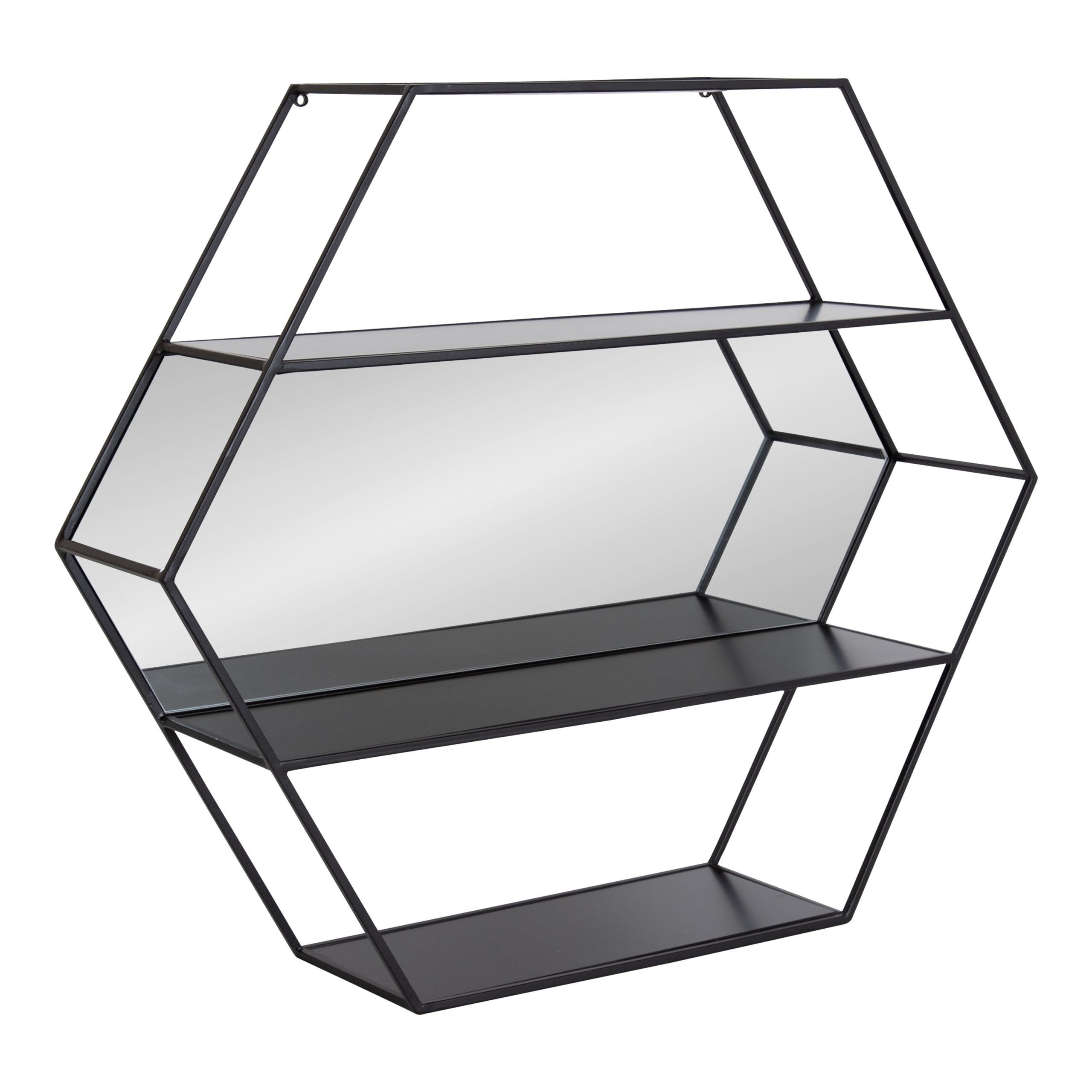 Kate And Laurel Lintz Hexagon Wall 24X28 Mirror With Shelves, Black ... pertaining to Lintz Hexagon Shelves With Mirror, Brown 26X7X23