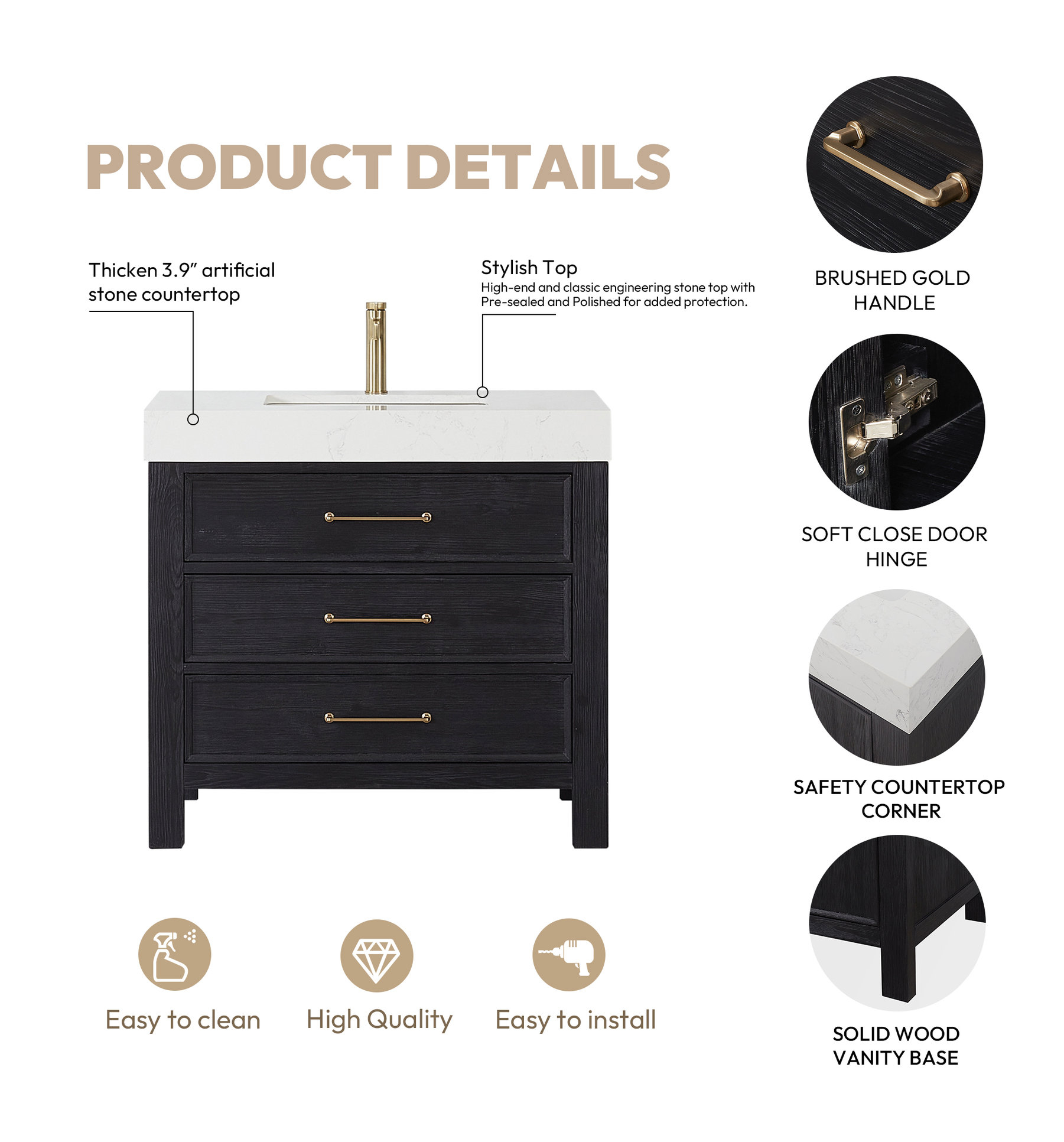 Leon Bath Vanity With Composite Stone Top, 36" - Transitional ... intended for Elevate Your Space How the Leon Fir Wood Vanity Adds Warmth and Style