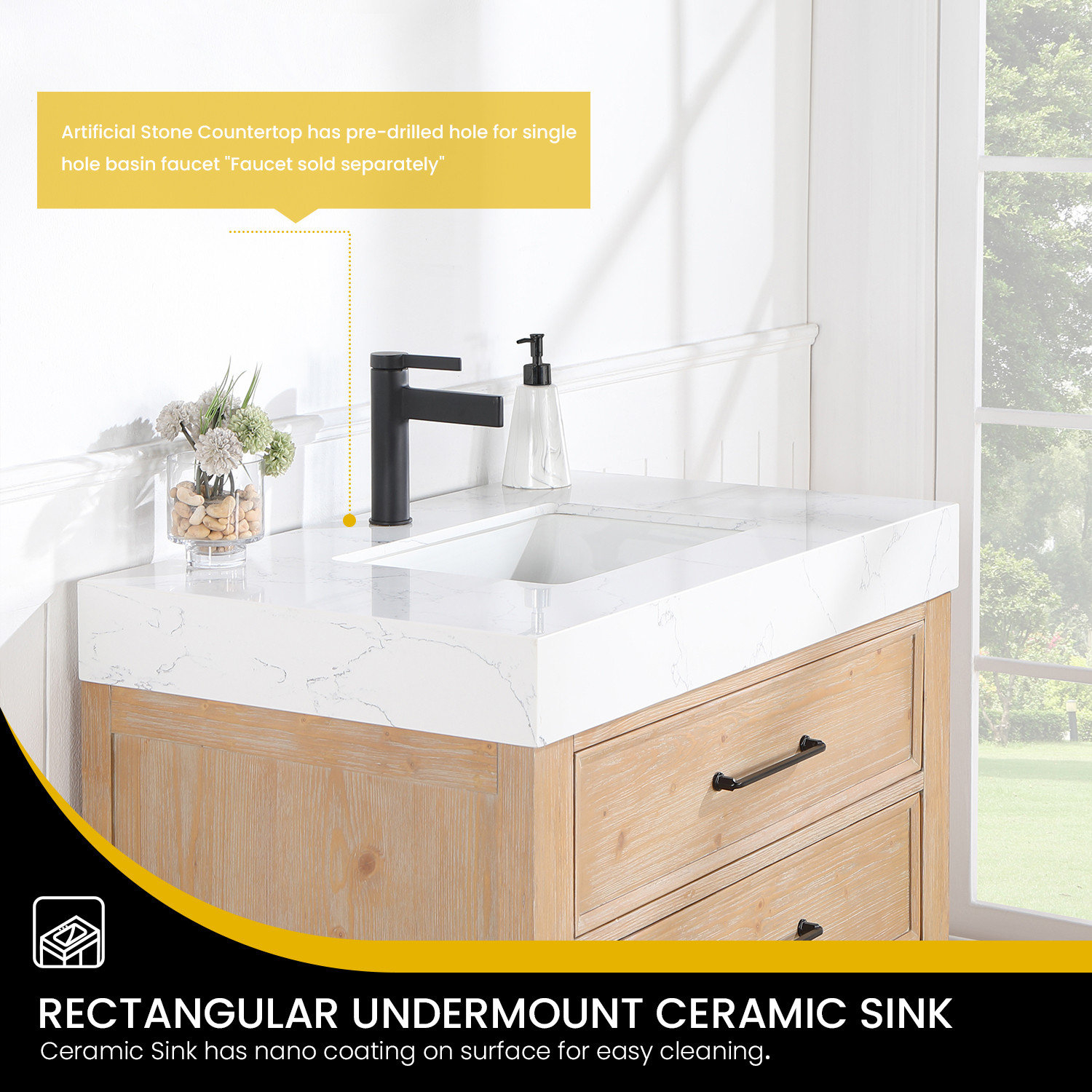 Leon Bath Vanity With Composite Stone Top, 36" - Transitional ... intended for Leon Bath Vanity With Composite Stone Top, Fir Wood Brown, 36", With Mirror