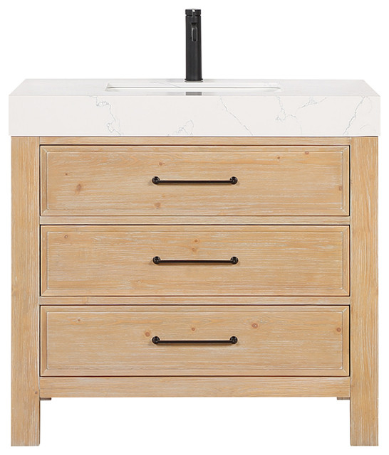 Leon Bath Vanity With Composite Stone Top, 36" - Transitional ... regarding Leon Bath Vanity With Composite Stone Top, Fir Wood Brown, 36", With Mirror
