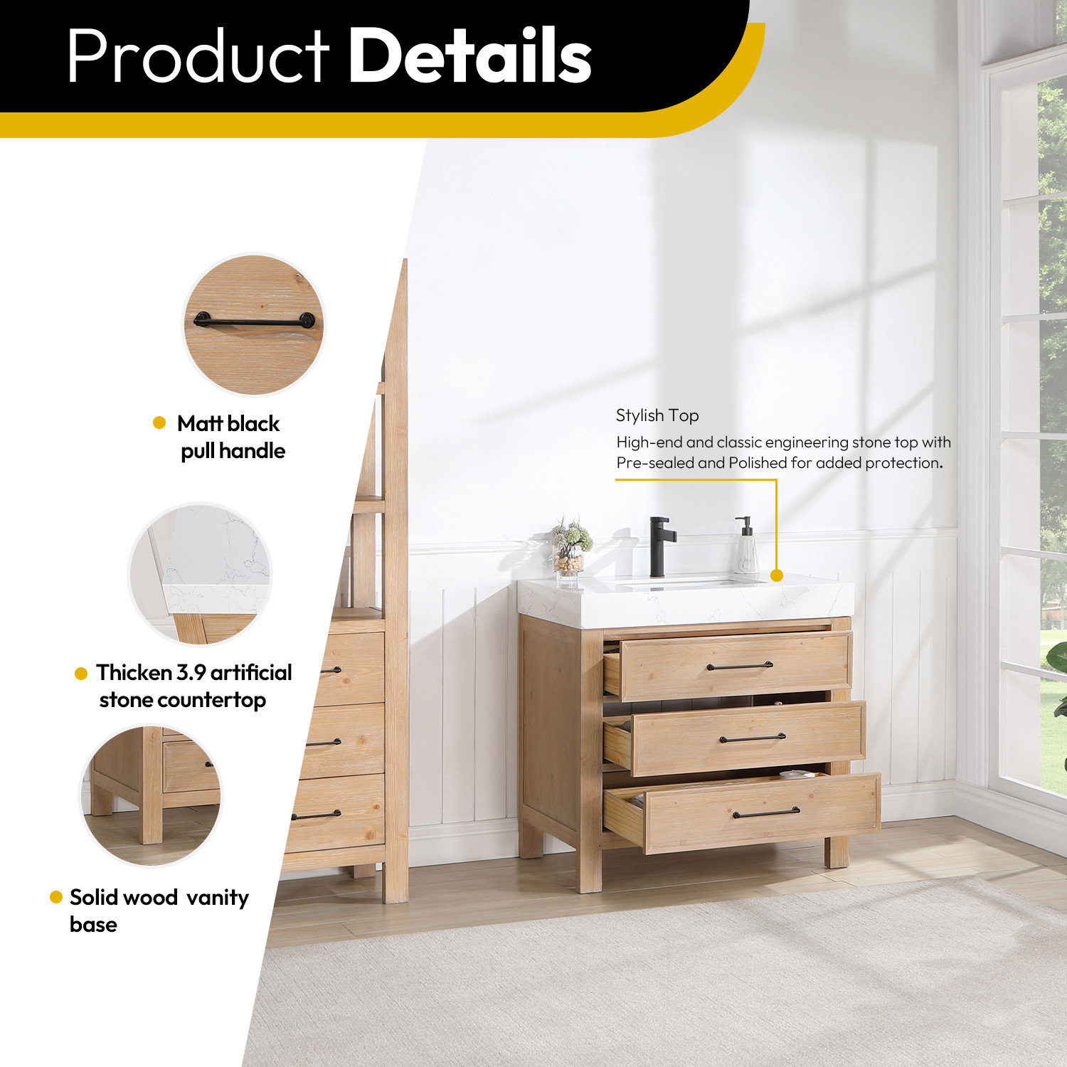 Leon Bath Vanity With Composite Stone Top, 36" - Transitional ... with Elevate Your Space How the Leon Fir Wood Vanity Adds Warmth and Style
