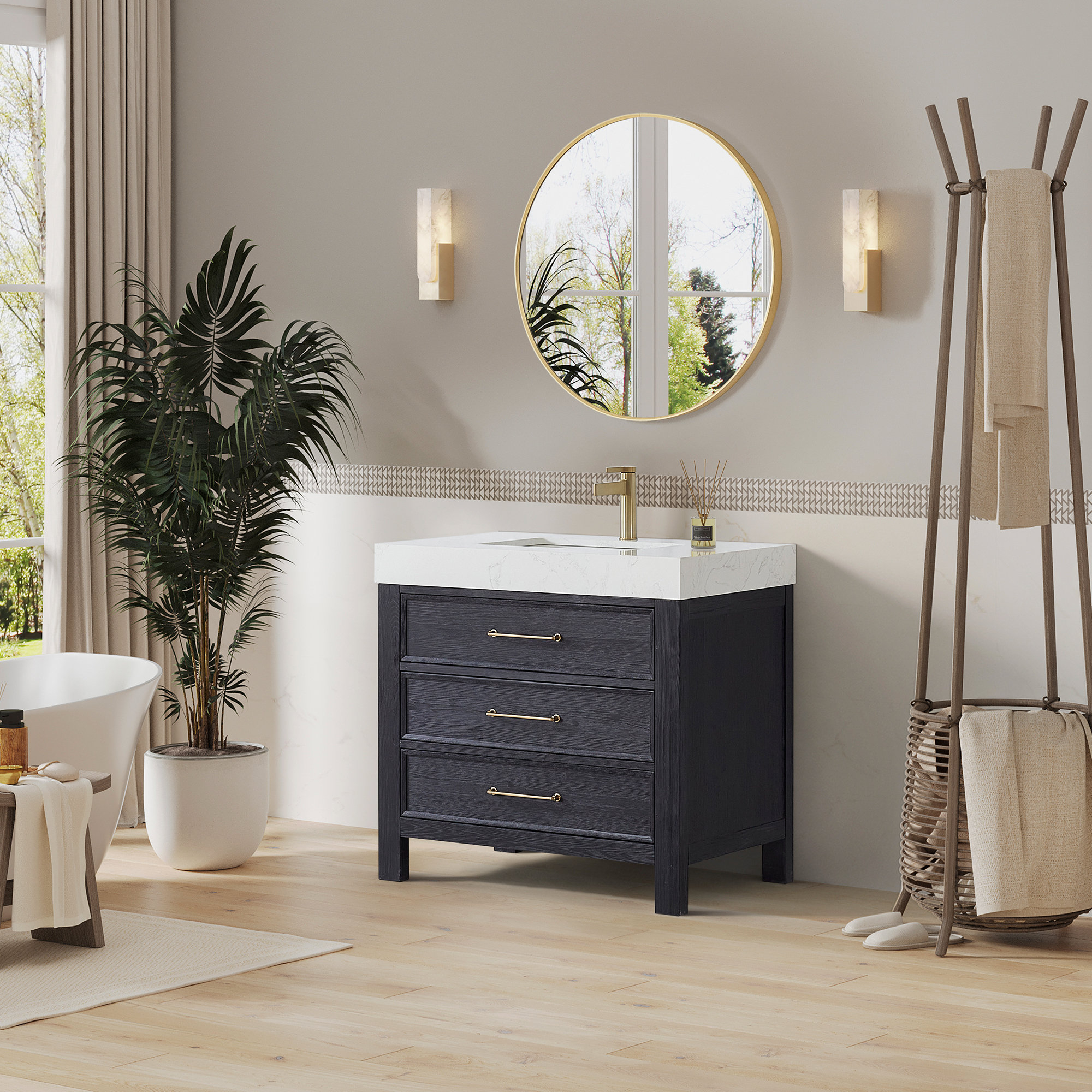 Leon Bath Vanity With Composite Stone Top, 36" - Transitional ... with regard to Leon Bath Vanity With Composite Stone Top, Fir Wood Brown, 36", With Mirror