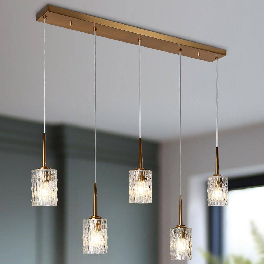 Lnc Modern 5-Light Plating Brass Island Hardwired Chandelier With ... pertaining to Understanding the Craftsmanship Behind 7-Light Brass Chandeliers and Rippled Glass