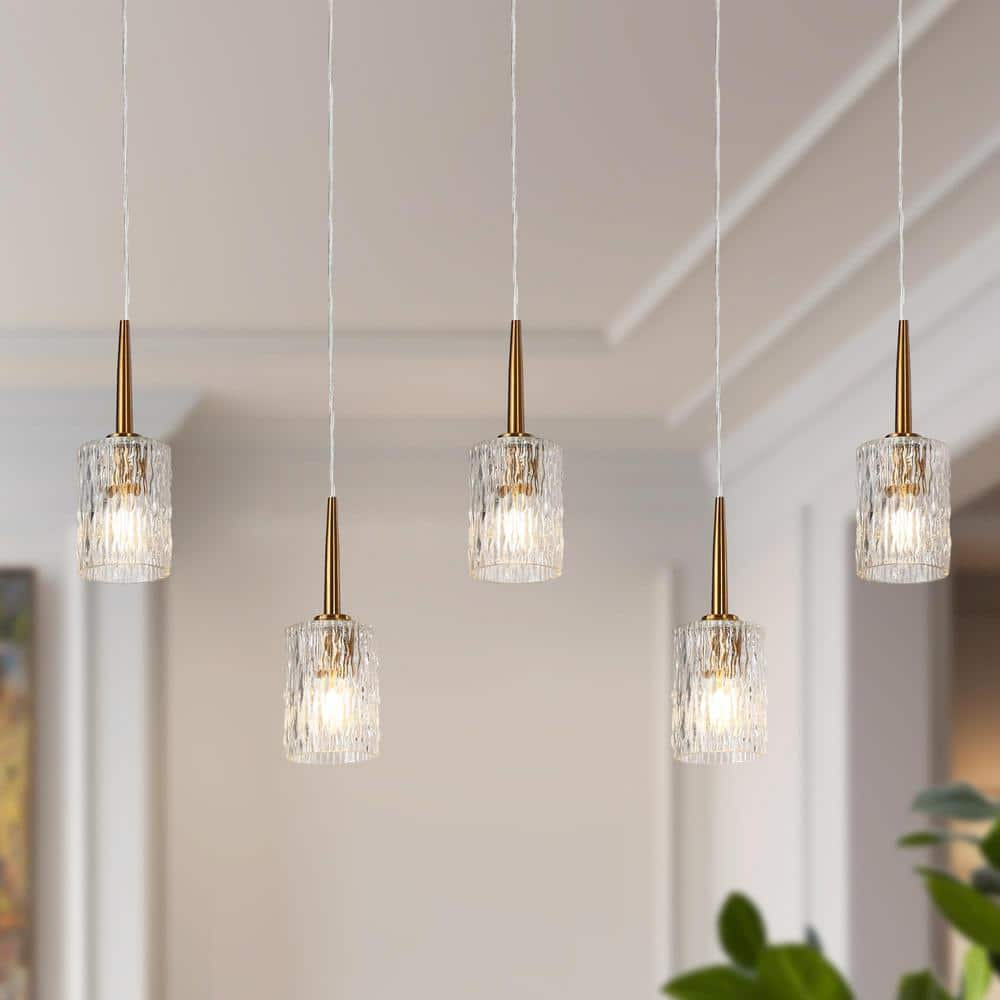 Lnc Modern 5-Light Plating Brass Island Hardwired Chandelier With ... regarding 7-Light Brass Chandelier With Clear Rippled Glass