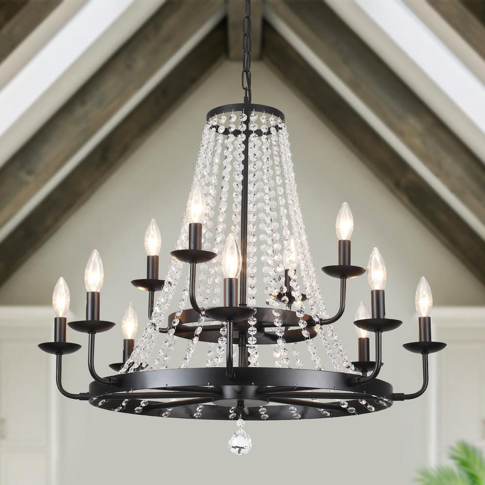 Lwytjo Immer 12 Light Black Candle Style Classic Empire Wagon Wheel ... pertaining to 8-Light Black Chandelier With Gold Branch And Clear Crystal Accents