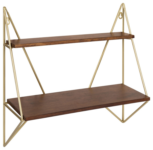 Melita 2 Tier Wood And Metal Wall Shelf - Contemporary - Display And ... inside Vista Wood And Metal Wall Shelves, Walnut Brown/Gold 2-Piece