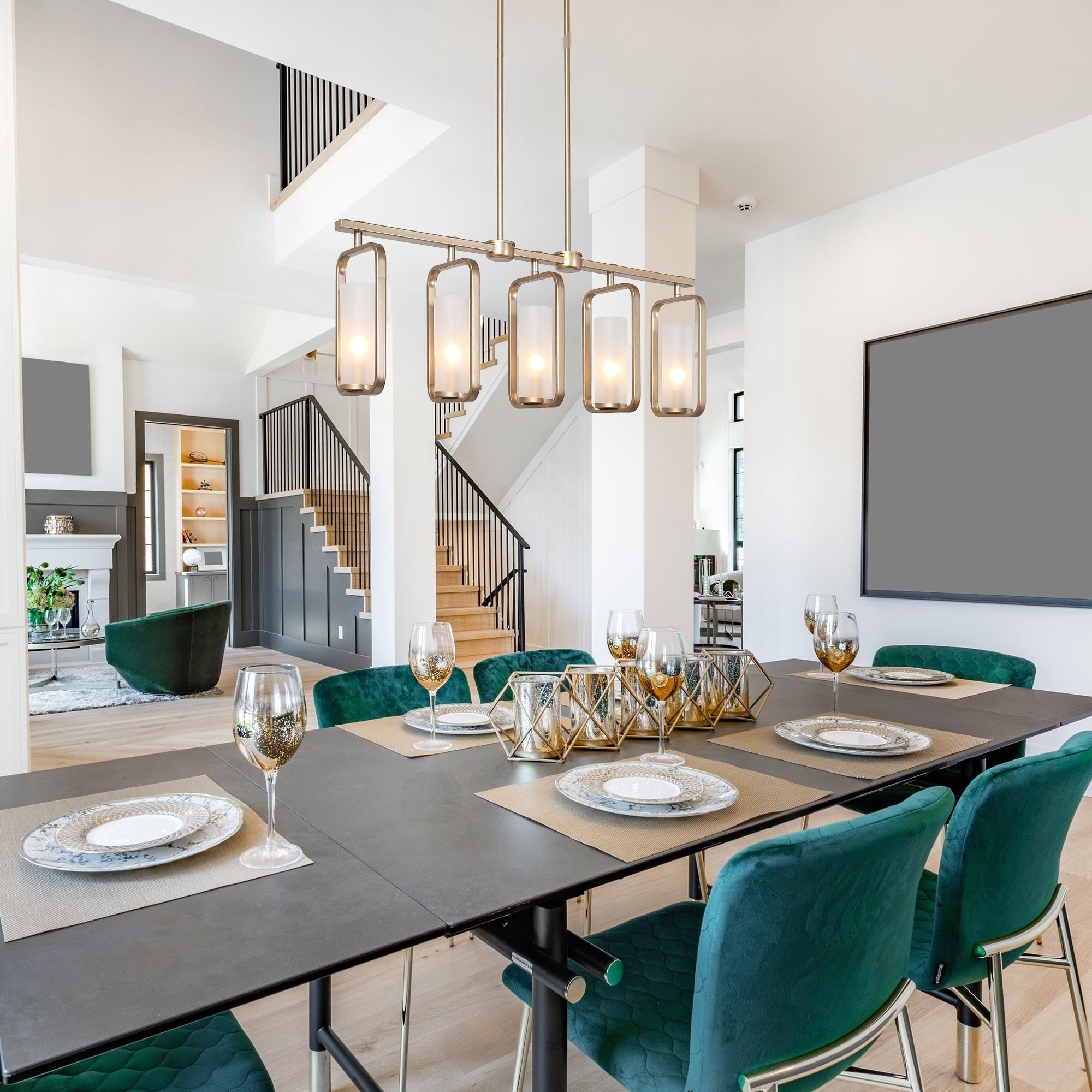 Mid-Century Modern Oversized 5-Light Chandelier Linear Gold Black ... for Laluz 6-Light 24.5" Gold With Cylinder Frosted Glass Modern Linear Pendant Light