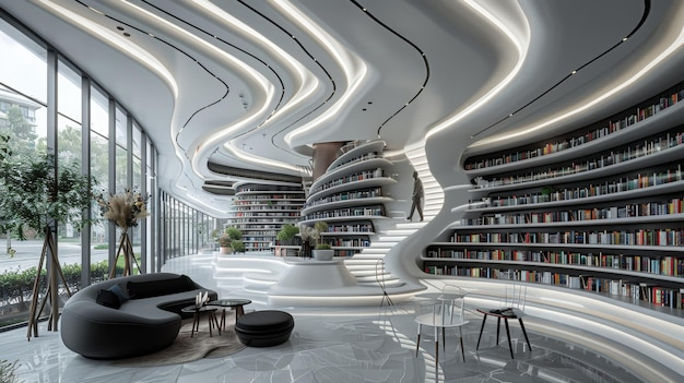 Modern Futuristic Library Interior With Curved Shelves And Sleek Design ... pertaining to Futuristic Shelving Design