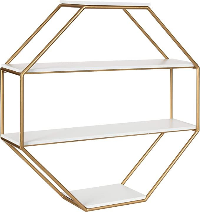 Modern Octagon Floating Wall Shelves With Gold And White Metal Frame pertaining to Lintz Octagon Floating Wall Shelf, White/Gold 24X24