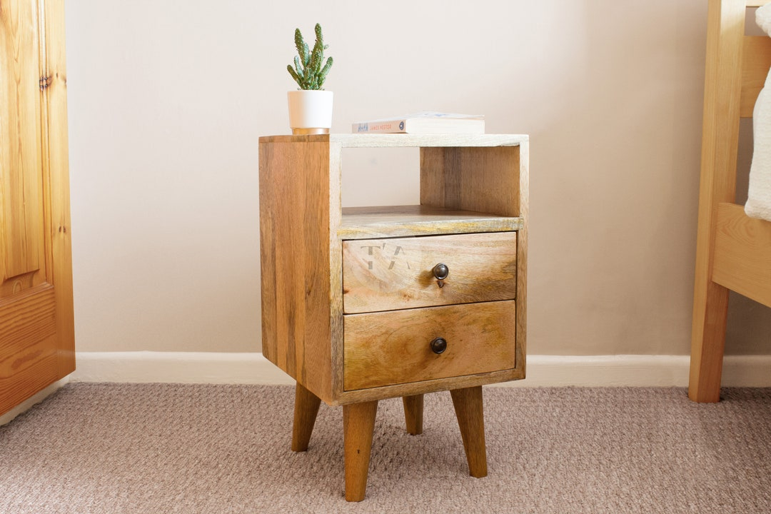 Narrow Wooden Bedside Table With 2 Drawers & Shelf • Small Mid Century ... for Wooden 3-Tier With 2-Drawer Shelf