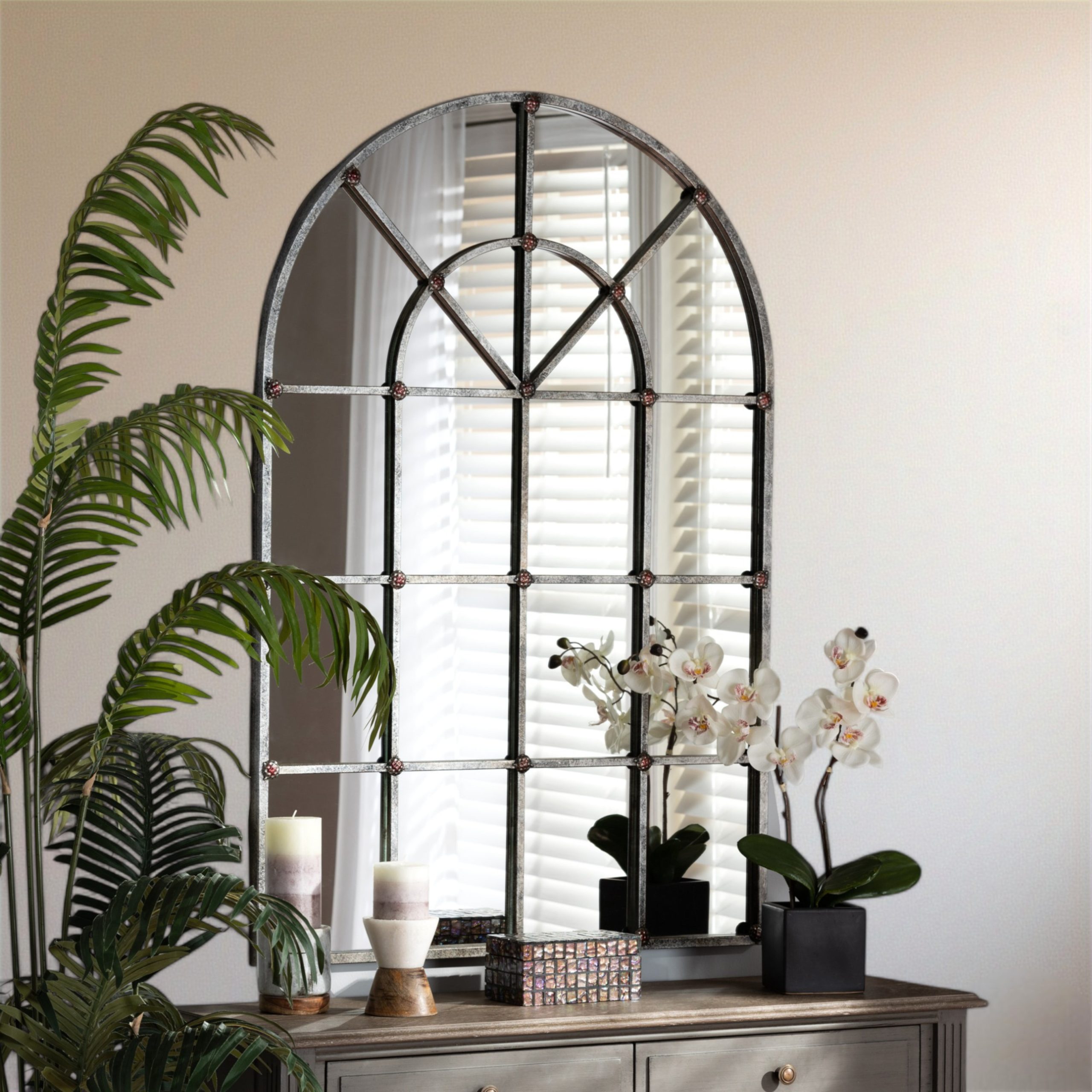One Allium Way® Harper Vintage Farmhouse Antique Silver Finished Arched ... for Baxton Studio Vintage Farmhouse Silver Finished Arched Window Wall Mirror