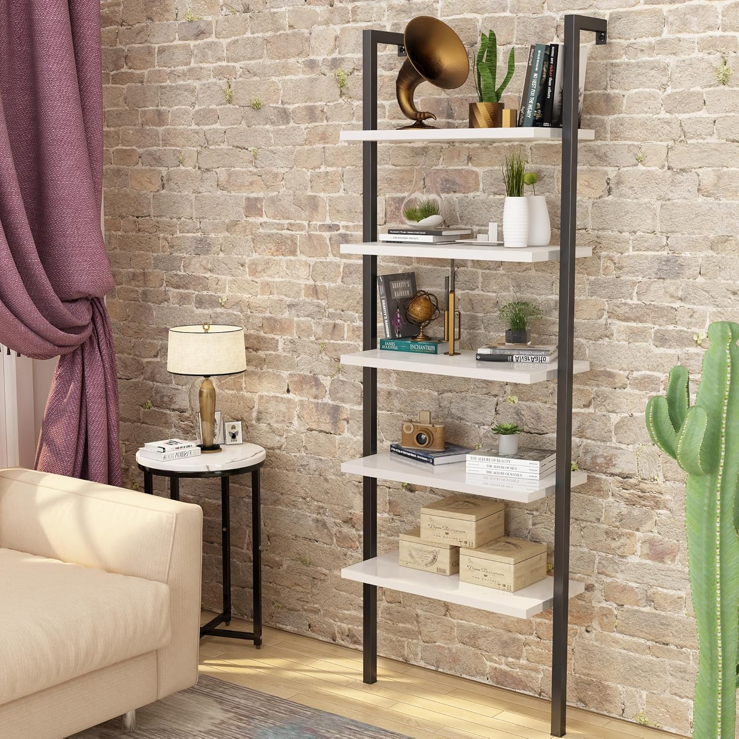 Open Wall Mount Bookcase Modern 5-Shelf Ladder Shelf W/Industrial Metal ... in How an Open Wall Mount Bookshelf Transforms Your Decor