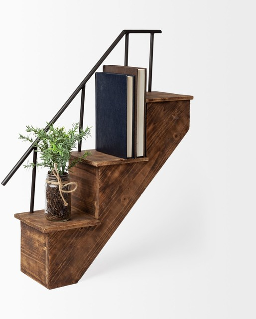 Page Brown Wood And Black Metal Staircased Wall Shelving Unit - Industrial - Display And Wall ... in Metort Brown Wood And Black Metal Oval Wall Shelving Unit