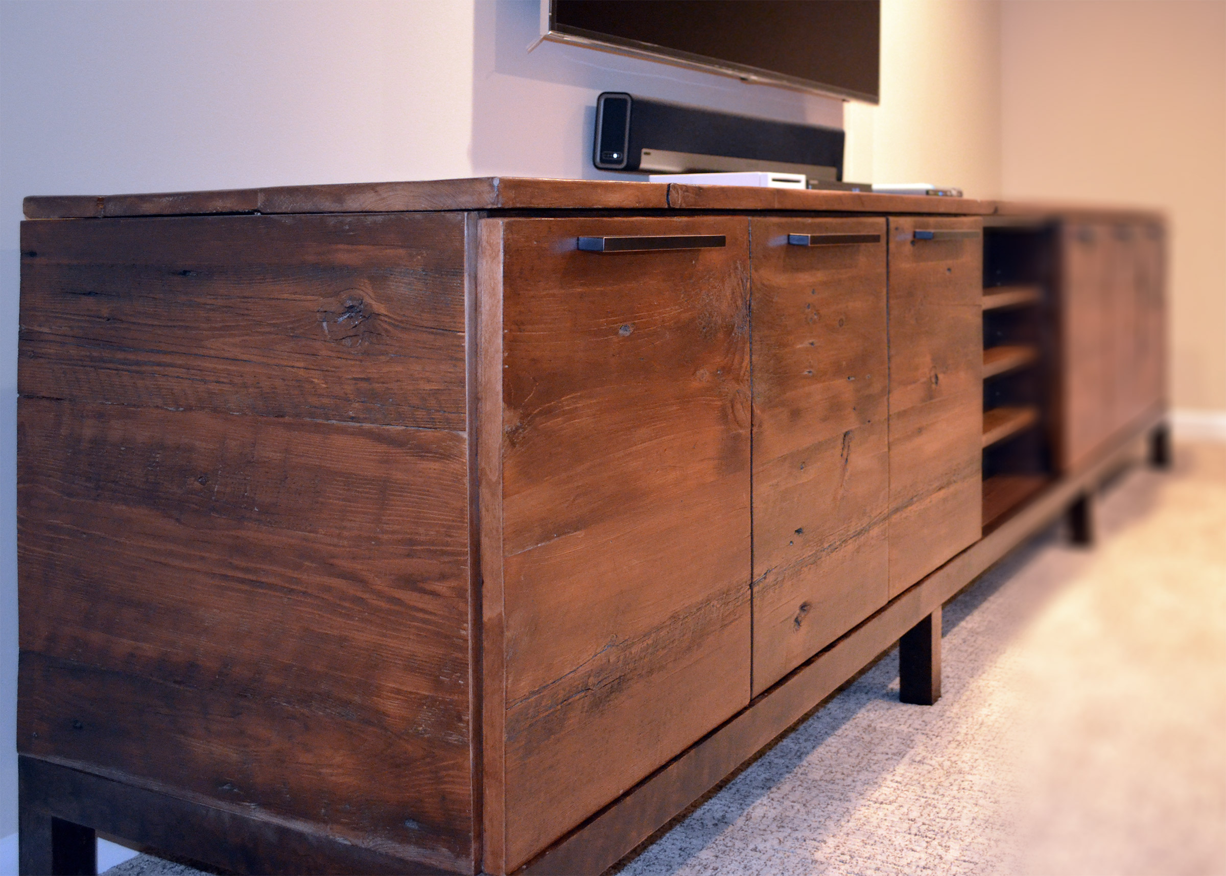 Reclaimed Wood Media Center Console - Abodeacious for Smart ways to organize your media console without the clutter
