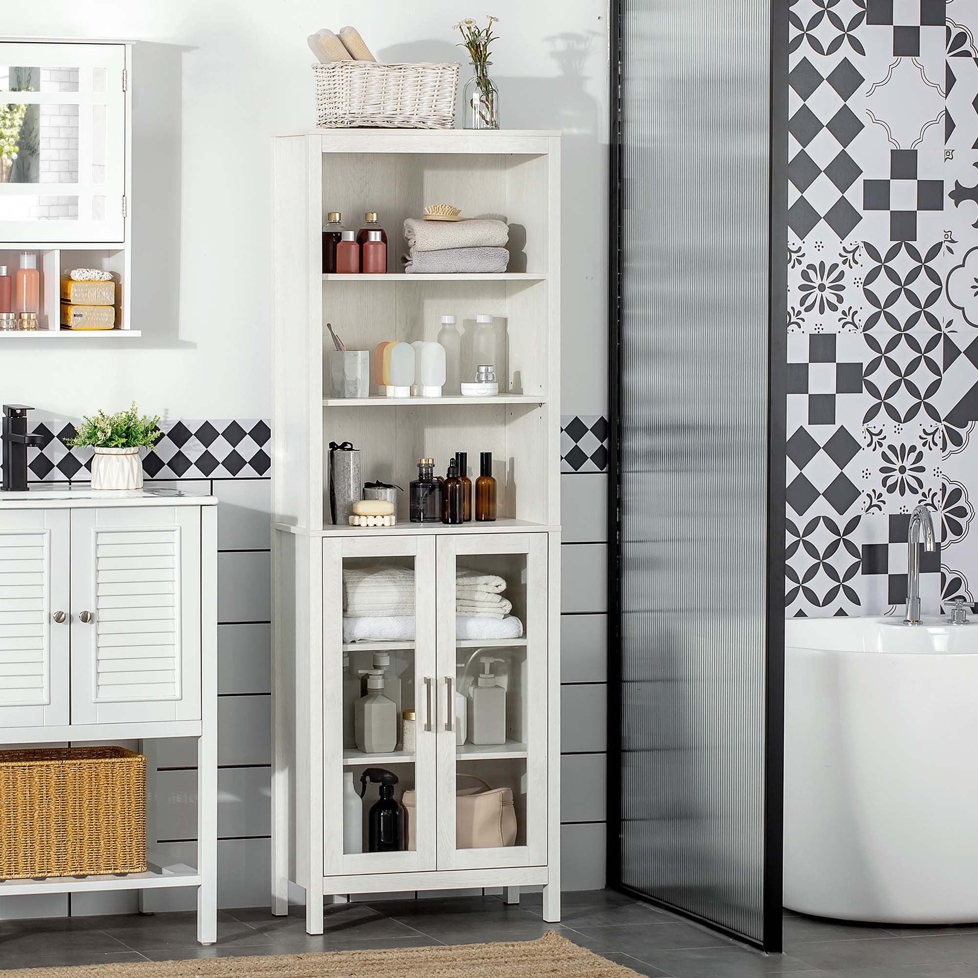 Red Barrel Studio® Tall Bathroom Storage Cabinet With 3 Tier Shelf, Glass Door Cabinet ... in Gdf Studio 24"W Bathroom Storage Cabinet With 3 Drawers, Adjustable Shelves, Grey
