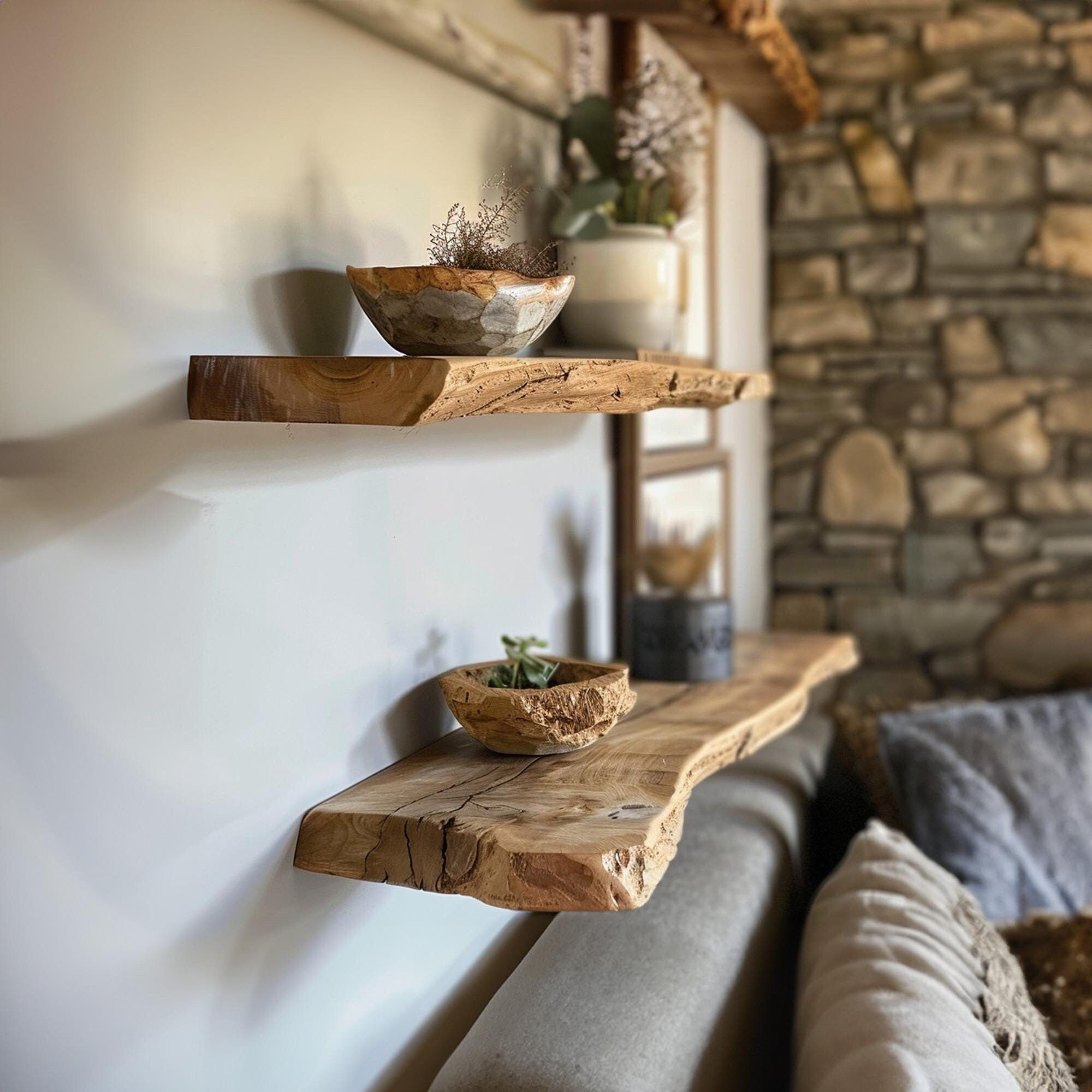Rustic Live Edge Floating Shelves Handmade Solid Wood 22 5Cm Depth X 4 ... regarding Rustic Wood Shelves