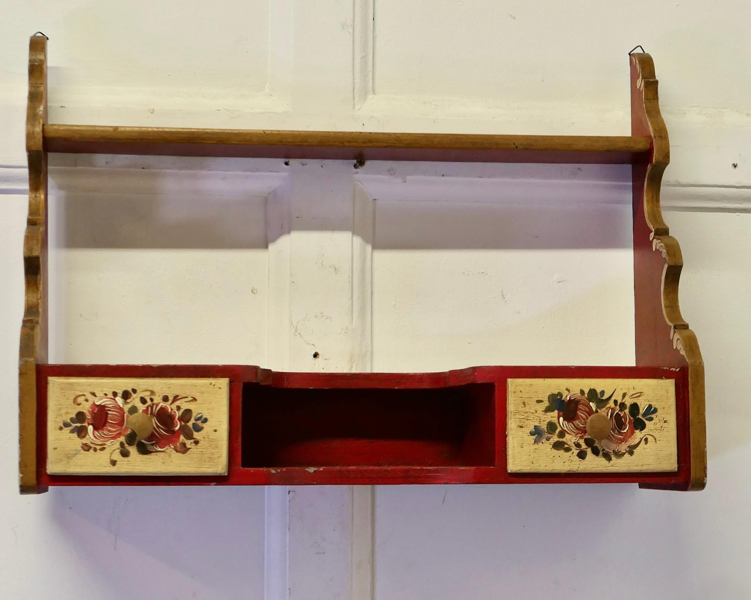 Rustic Painted Folk Art Wall Shelf With Drawers For Sale At 1Stdibs within Rustic Iron Wall Shelf With Drawer